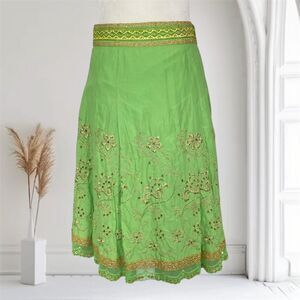 Express Ethereal Fairy Core Green Cotton Gold Thread Sequin Lace Midi Skirt S
